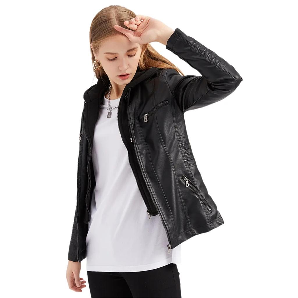Women Faux Leather Jackets Hooded Full Sleeve Slim Fit Jacket Zipper Spliced Coats Solid Casual Streetwear Autumn