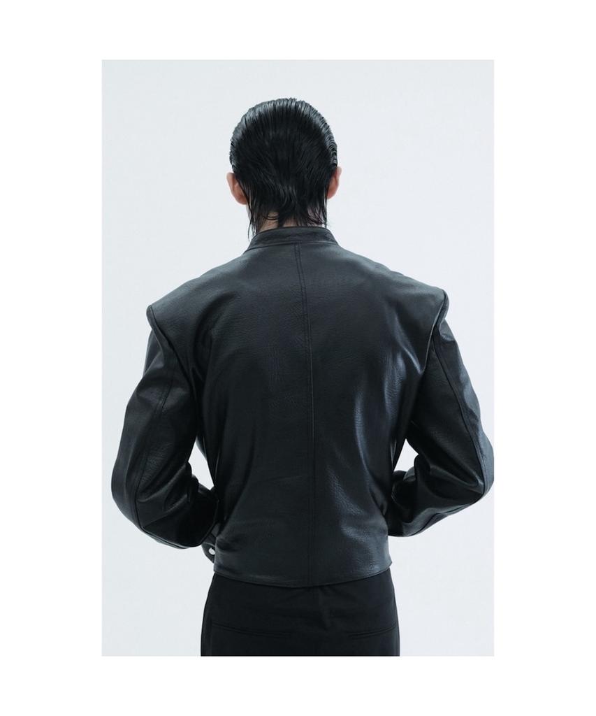 LUNECAVE Leather Round Neck Trucker Jacket