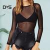 Women Club Top See Through Ultrathin Mesh Long Sleeve Solid Color Soft Breathable Round Neck Pullover Elastic Slim Fit Punk Beach Top