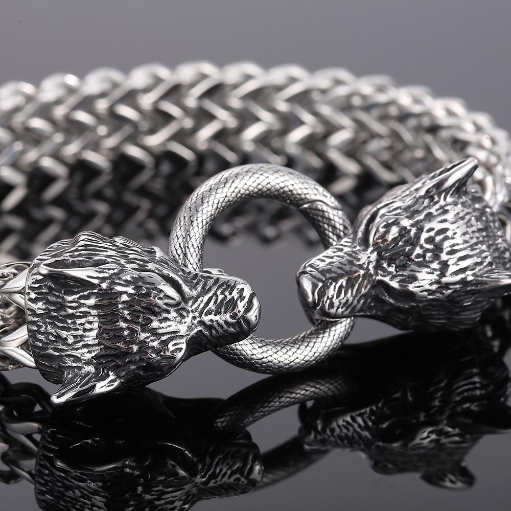 Norse Viking Wolf Head With Square Franco Link Chain Bracelet for Men Stainless Steel Men's Bracelets Masculine Jewelry Gifts