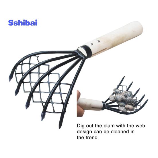 2 шт./компл., стальные грабли-моллюски с деревянной ручкой, сетчатый карман, ракушка для морепродуктов, инструмент для экскаватора, грабли-моллюски, пляжные аксессуары для зажима