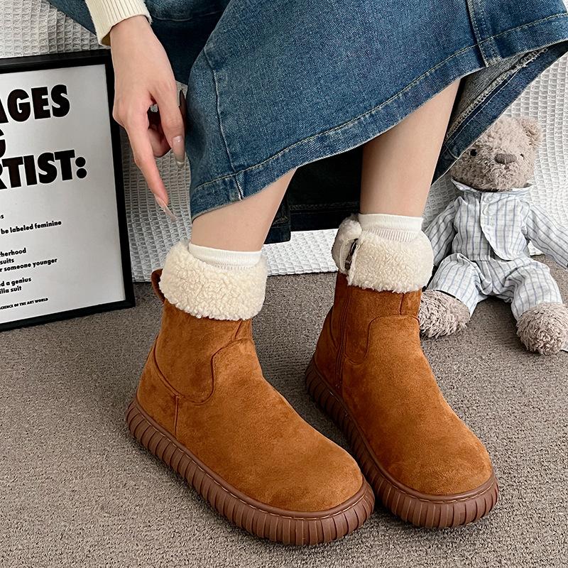 Women's Plush Mouth Large Size Thick Bottom Heightening Winter Warm Fur One Snow Boots Padded Lined Ankle Boots Non-slip Hiking Sneakers Cotton Boots