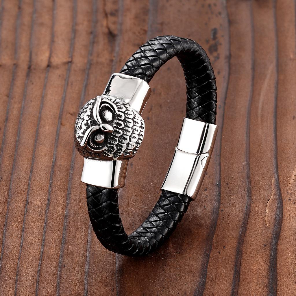 Европейский и американский ретро-браслет из нержавеющей стали со слоном и совой, черный плетеный браслет из натуральной кожи