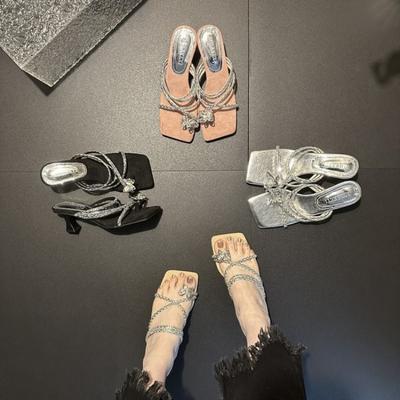 Женские летние босоножки на высоком каблуке, новые, модные, с квадратным носком-стилетто и стразами