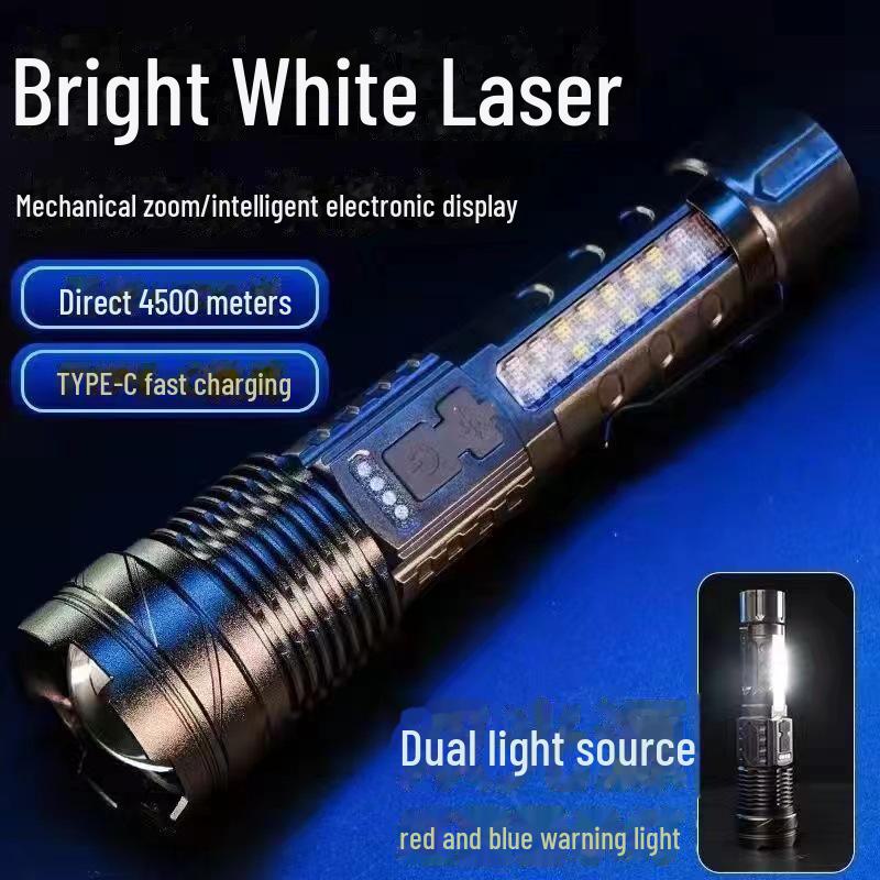 USB Rechargeable Multi-Function Outdoor Flashlight with White Laser, Side Red & Blue Warning Lights