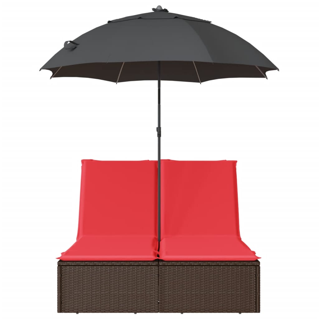 Double Sun Lounger with Cushions & Sun Umbrella Brown Poly Rattan