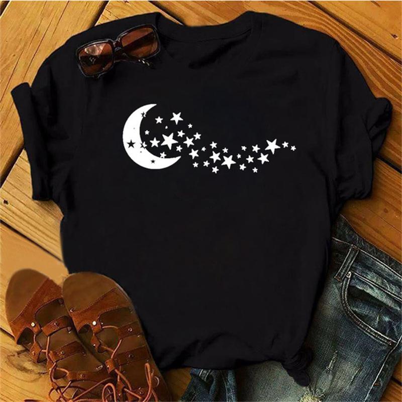 Maycaur Woman Star Moon Print Harajuku Летние футболки Повседневная футболка с круглым вырезом и коротким рукавом Женская черная футболка Прямая поставка