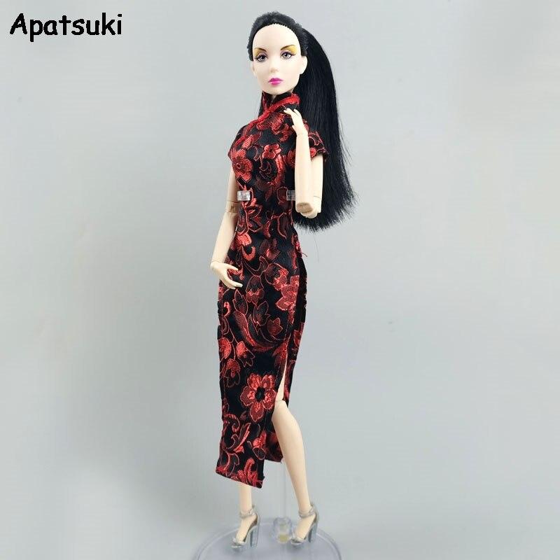 Красная модная кукольная одежда с цветочным принтом для куклы Барби, наряды, китайская традиционная одежда Ципао, аксессуары для кукол 1/6, детские игрушки
