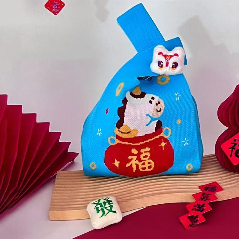 2026 Новогодний Мультяшный Талисман Пони Вязаный Подарочный Мешок Ручной Мешок для Конфет Большая Вместимость Мешок на Завязках на Запястье Милые Многоразовые Сумки для Покупок