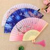 Bamboo Vintage Folding Fan Portable Chinese Style Dance Fan with Elegant Flower Pattern And Tassel Artificial Silk Bamboo Hand Held Fan Gift
