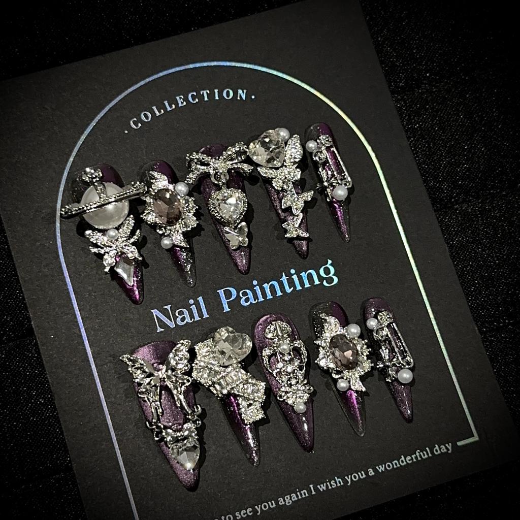 Роскошные накладные ногти ручной работы, длинные, миндалевидной формы, с французским кончиком, блестящие, искусственные ногти, дизайн с 3D стразами, акриловые ногти, многоразовые наклейки для женщин