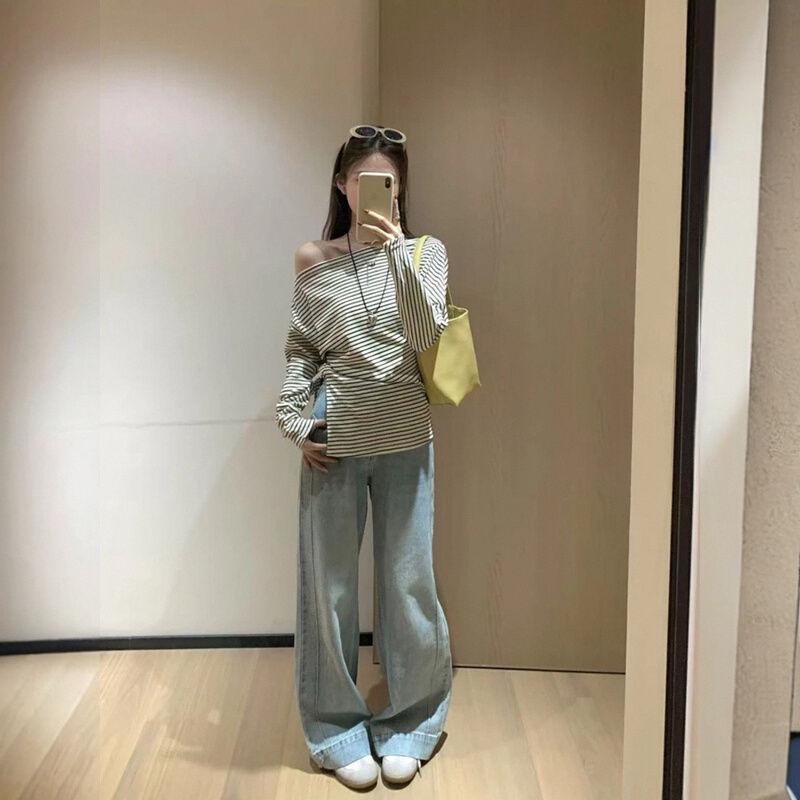 2025 Шикарный полосатый топ с открытыми плечами и длинными рукавами, облегающий женскую фигуру, для весны/лета