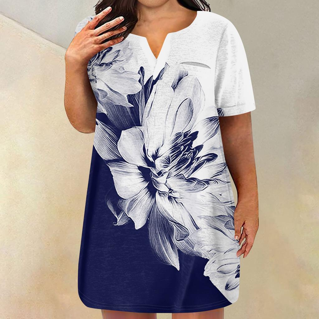 Womens Plus Size Dresses V Neck Short Sleeve Summer Casual Solid Dress Tunic With Pocket