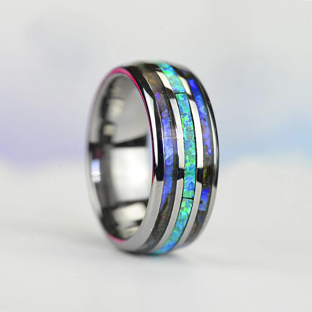 Fashion 8mm Rose Gold Tungsten Wedding Men Stainless Steel Rings Inlay Abalone Shell Blue Opal Rings Men Wedding Band Jewelry