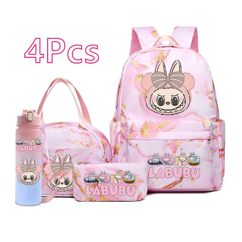 4Pcs/set Cute Anime Printed Backpack Lunch Bag Pencil Bag 750Ml Water Bottle Girl Student Large Capacity Waterproof Schoolbag