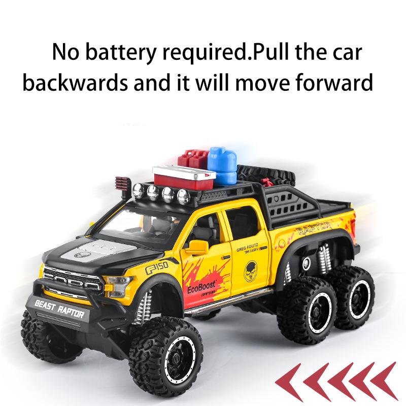 1/28 Scale Ford Raptor F150 6X6 Pickup Truck Diecast Car Model Toy, Pull Back Toy Vehicle with Sound and Light for Kids Toddler Gift Collection