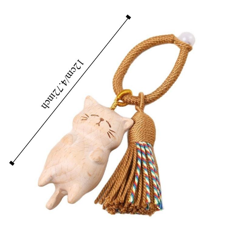 Beads Wooden Carved Cat Keychain Cartoon Animal Carved Cat Keyring  Students