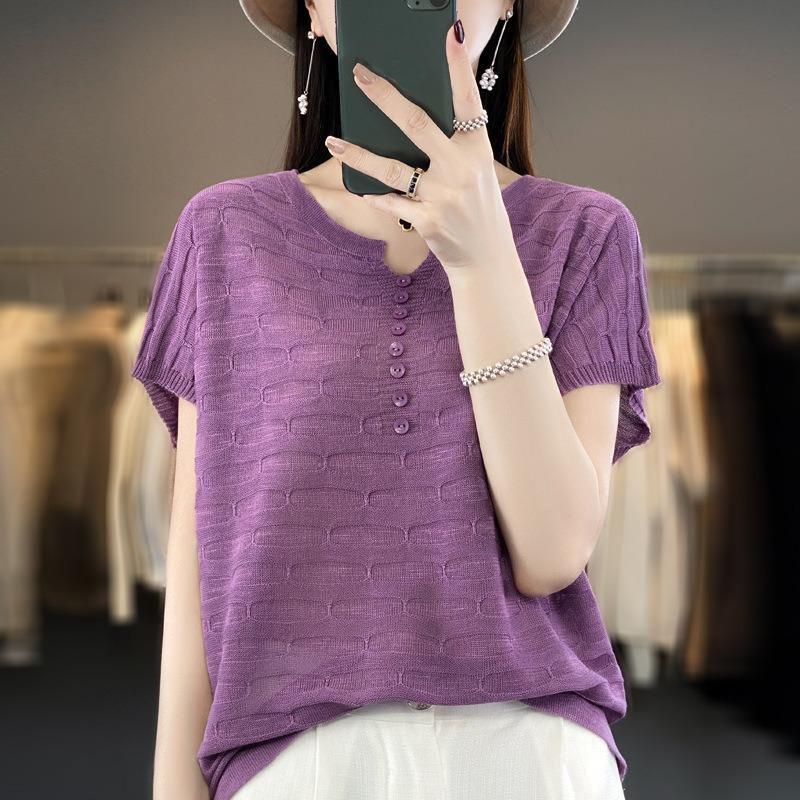 Летняя женская футболка, свободный повседневный однотонный свободный вязаный топ из ледяного шелка с короткими рукавами