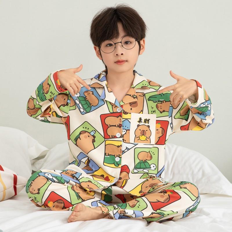 Boys Long Sleeve Cotton Pajamas Set Cartoon Print Soft Sleepwear Teens Kids Winter Home Wear