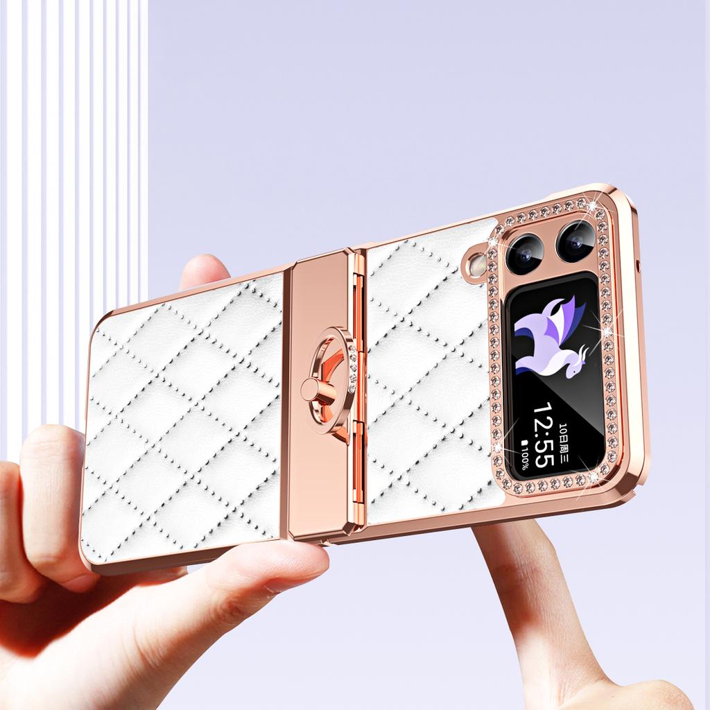 RENGZ Diamond Plating Leather Hinge Protection Case For Samsung Galaxy Z Flip 6 5 4 3 Folding Ring Holder Cover for Flip5 Flip4