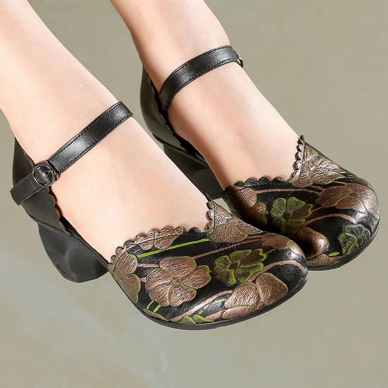 Retro Fashion Corium Single Shoes for Women 2025 Spring/Summer/Autumn New Soft Top Thick Heels Middle and Old Age Mom Shoes