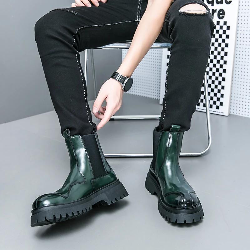 New Chelsea Boots for Men Green Black Patent Leather Round Toe Slip-On Shoes for Men with Size 38-44 Ankle Boots