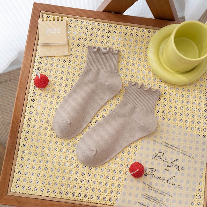 Черные носки с отделкой ушками, женские короткие носки, летние тонкие хлопковые носки, кружевные короткие носки, универсальные однотонные носки на весну и осень