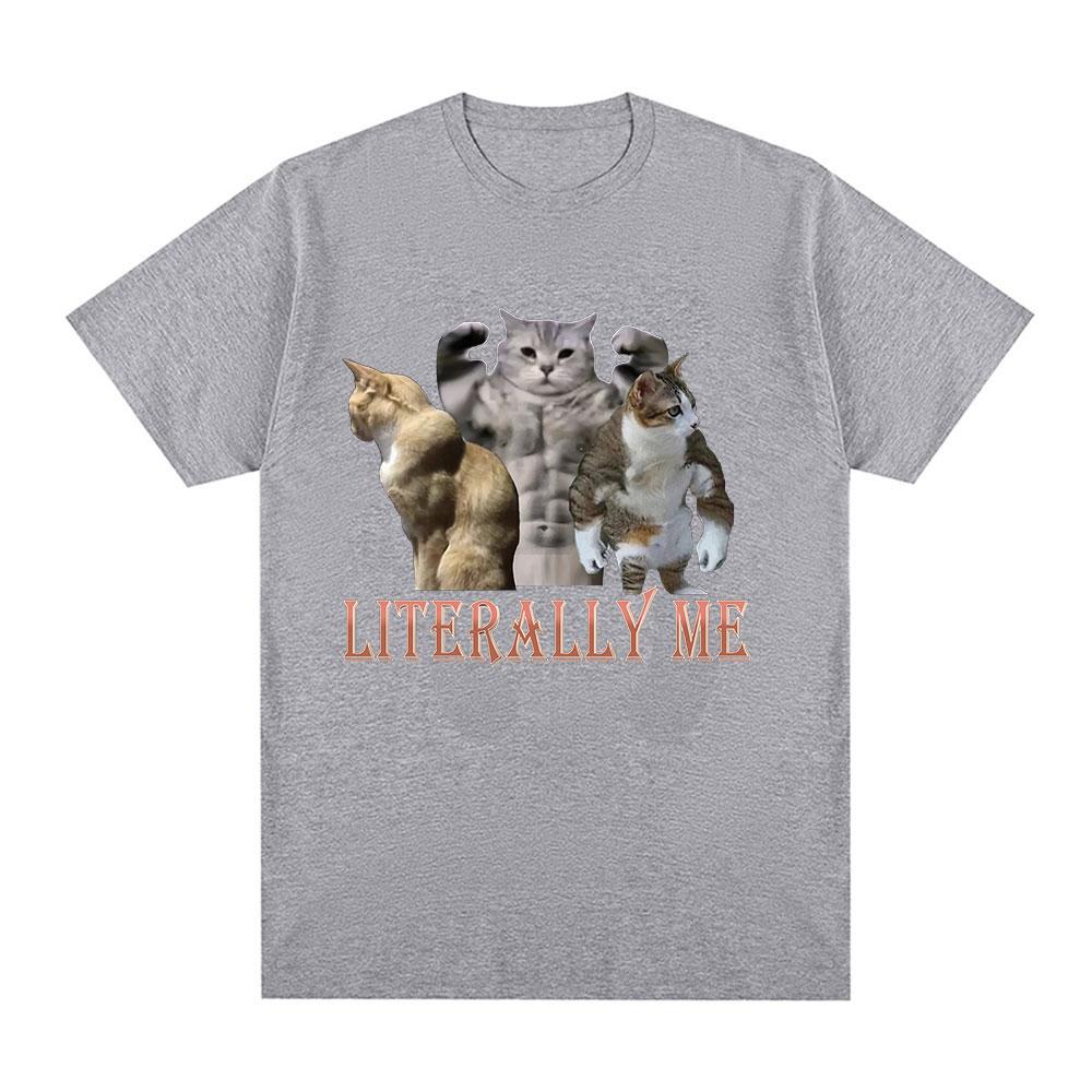 Футболка с мемом "Buff Cats" "Literally Me" для фитнеса, спортзала, мужской моды, хип-хопа, с коротким рукавом, свободного кроя, 100% хлопок, повседневная футболка.