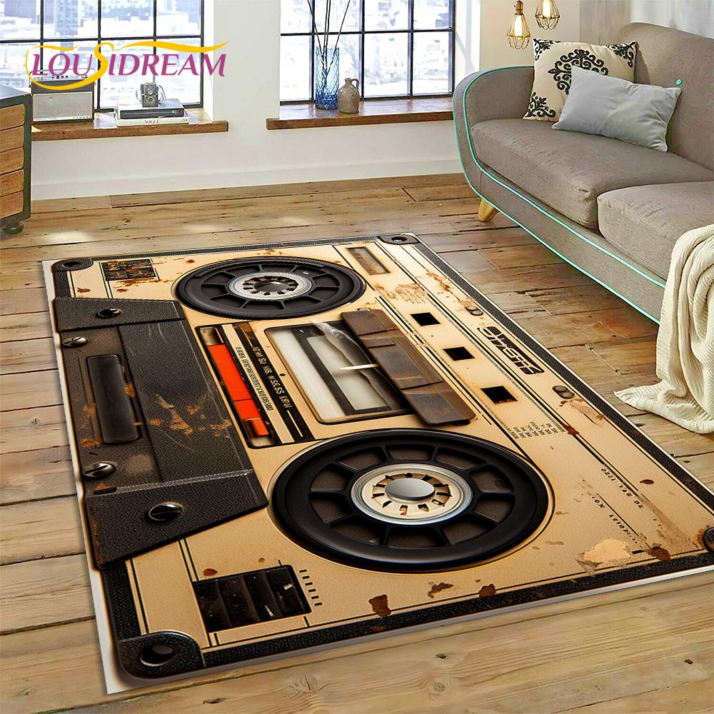 Retro Music Cassette Tape CD Design Area Rug–Non-Slip Carpet for Bedroom Living Room | Home Sofa Decor, Vintage Audio Floor Mat