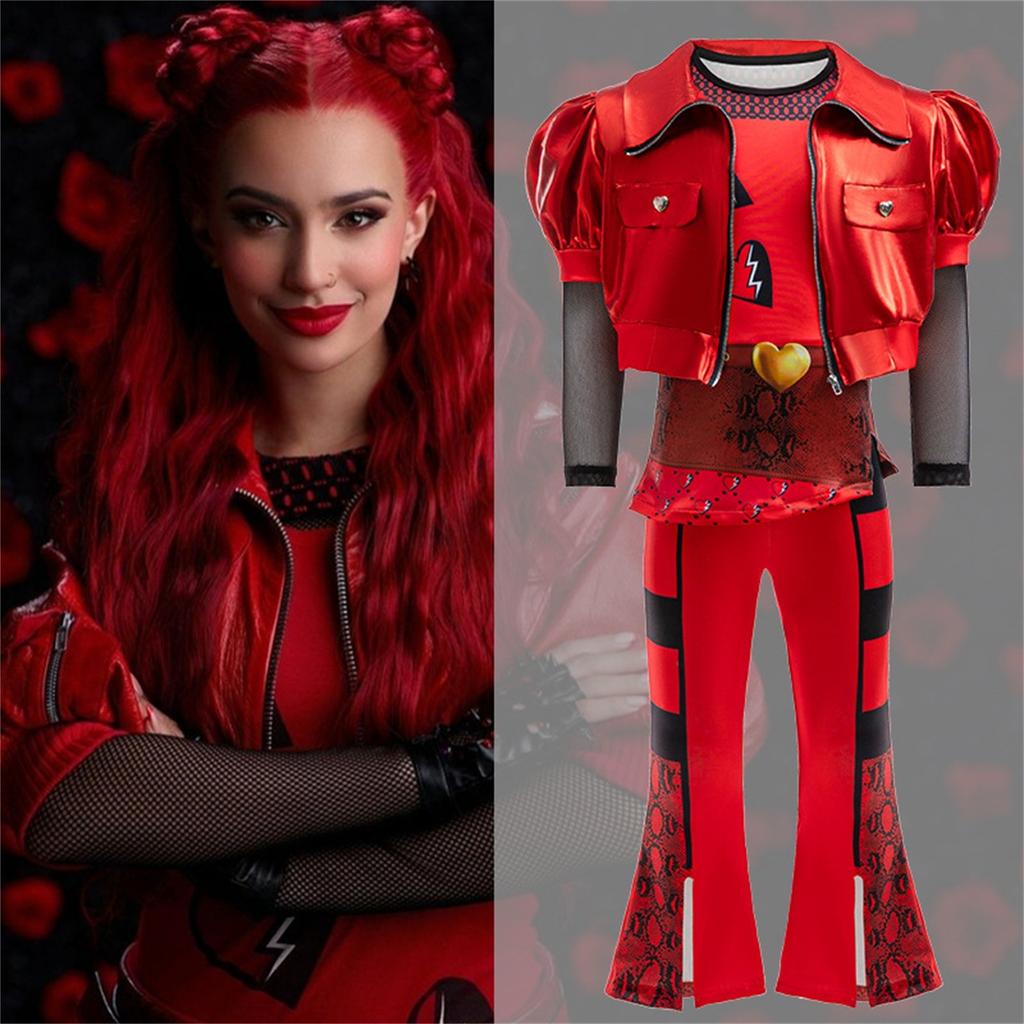 Kids Red Costume Girls Short Sleeves Jacket Top Flared Pants Wig Princess Dress Up 6-14Y