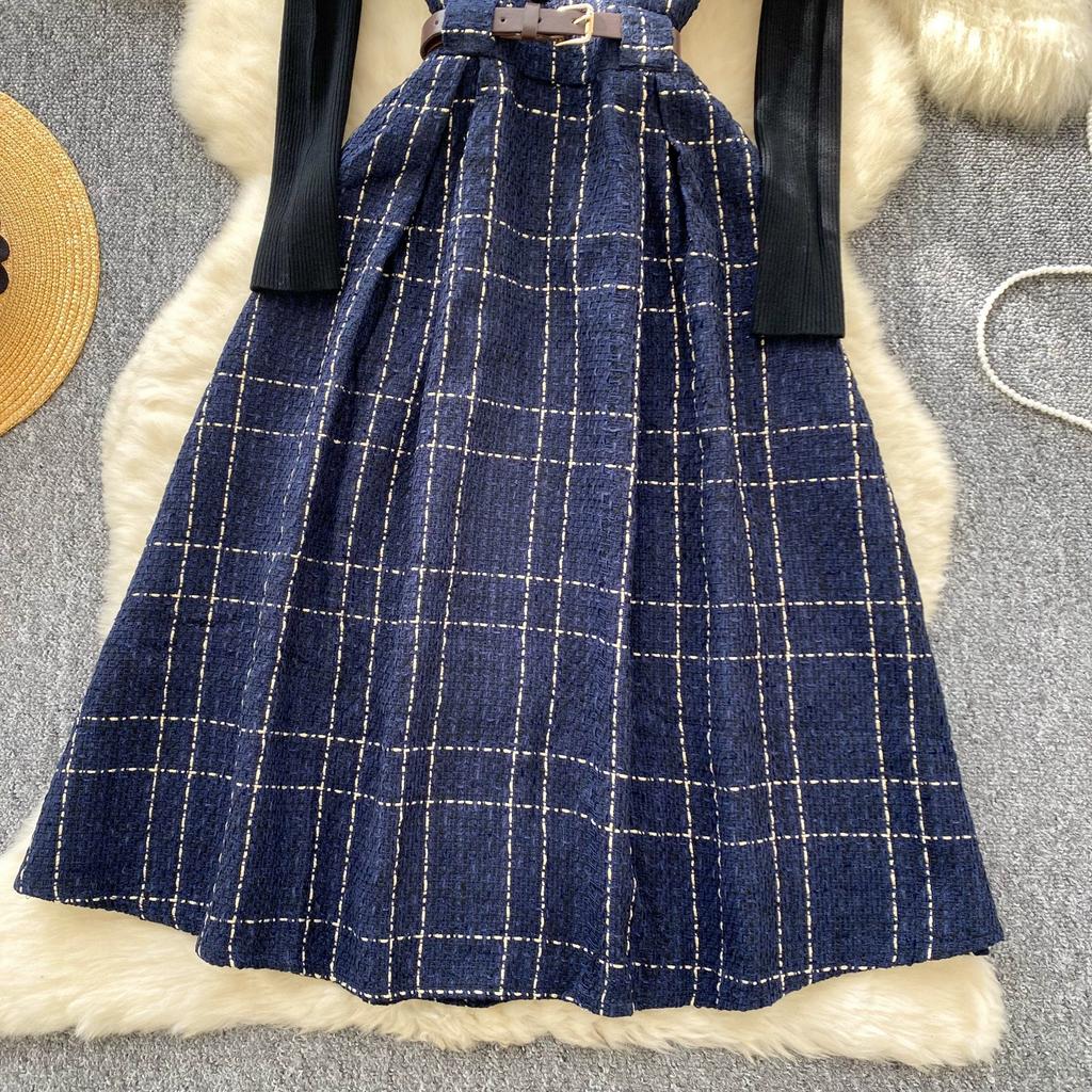 Осенне-зимний женский комплект свитер-платье, повседневный вязаный пуловер, топы + клетчатое твидовое платье, наряды из 2 предметов, женский с поясом