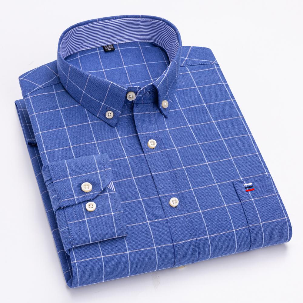 Men's Plaid Checkered Long Sleeve Oxford Woven Shirt Single Patch Pocket 100% Cotton Standard-fit Versatile Casual Shirts