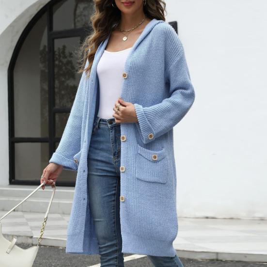 Women Knitted Cardigan Hooded Long Sleeve Single Breasted Sweater Coat with Pockets Solid Color Loose Fit Mid-length Knitwear