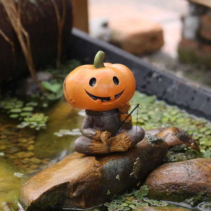 Festive Fall Decoration Pumpkin Scarecrow Figurine Handcrafted Resin Craft Gift For Halloween Fishing Statue J0MC