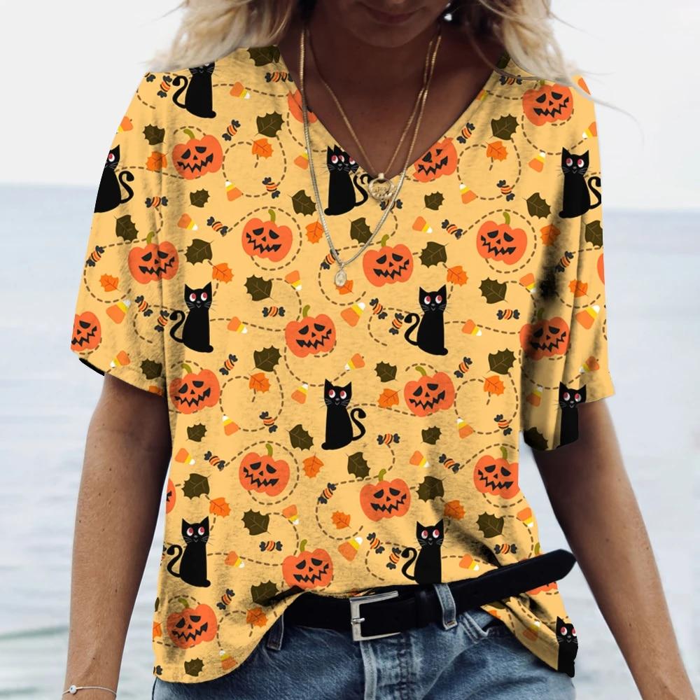 Женская футболка с рисунком котенка, одежда в стиле Харадзюку, летний пуловер с v-образным вырезом для девочек, хлопковые футболки с короткими рукавами, женская повседневная уличная одежда