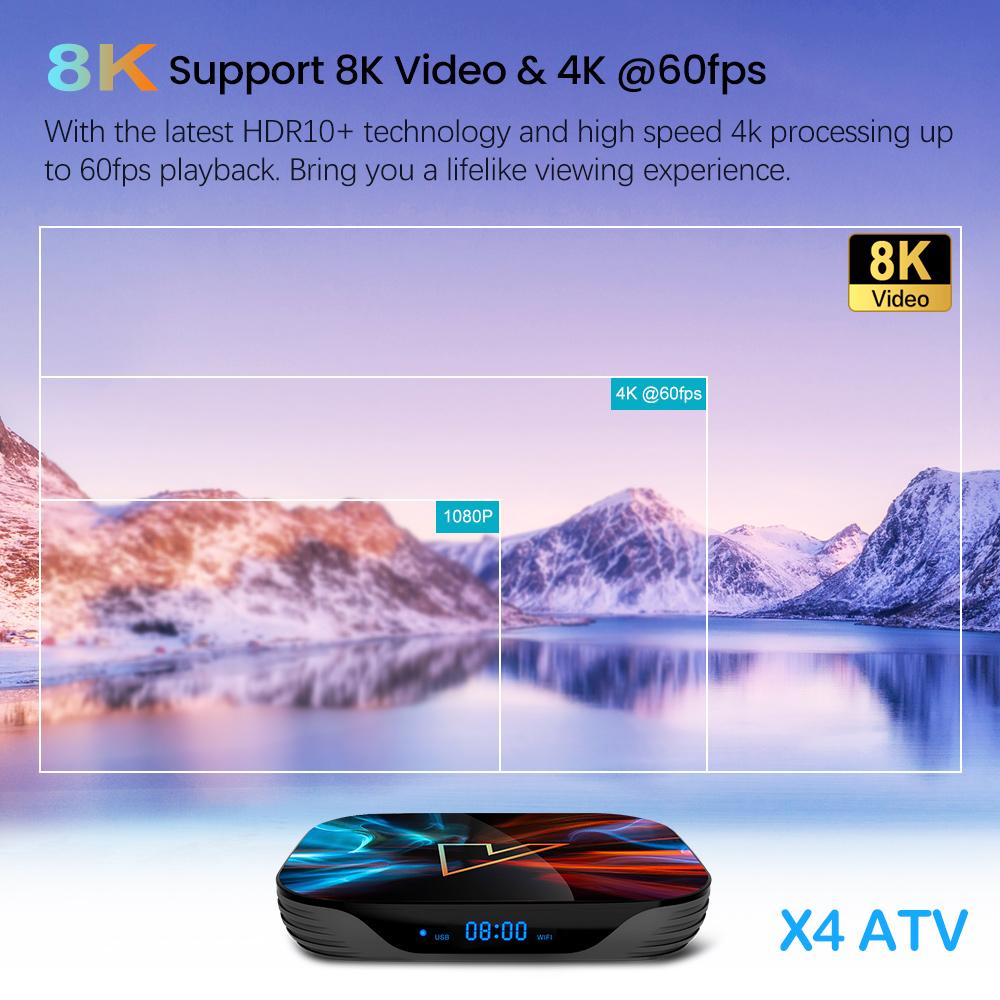 X4 ATV androidtv 11.0 Смарт ТВ-бокс Amlogic S905X4 Поддержка 4K 60fps AV1 Двухдиапазонный Wi-Fi ТВ-приставка