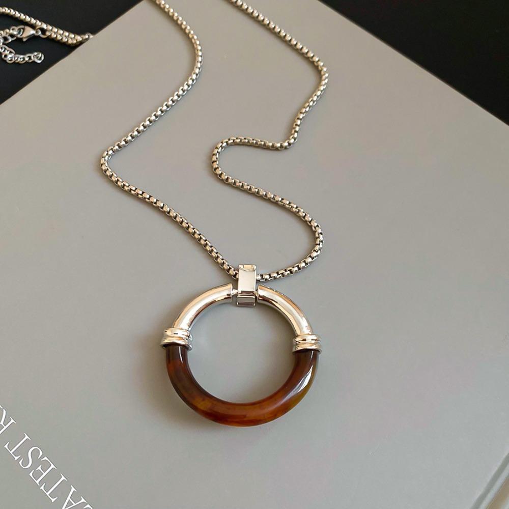 Circle Pendant Amber Splicing Necklace Stainless Steel Chain Sweater Chain  Birthday Gift