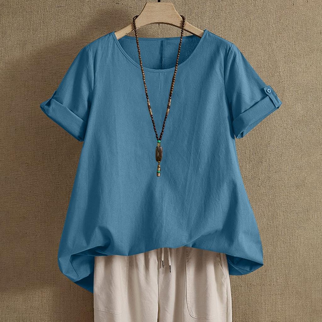 Womens Shirt Round Neck Short Sleeve Blouse Tops Fashion Solid Color Loose Casual Summer Tops