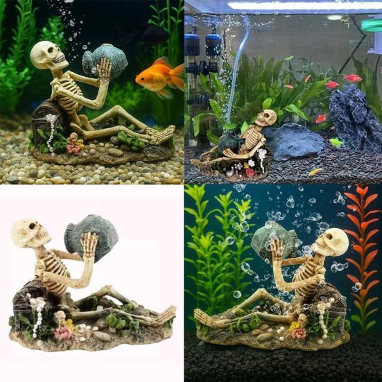 Aquarium Air Bubbler Decoration Adventure Skeleton Bubble Ornament Treasure Hunter Skeleton Resin Figurine for Fish Tank Landscape Decor
