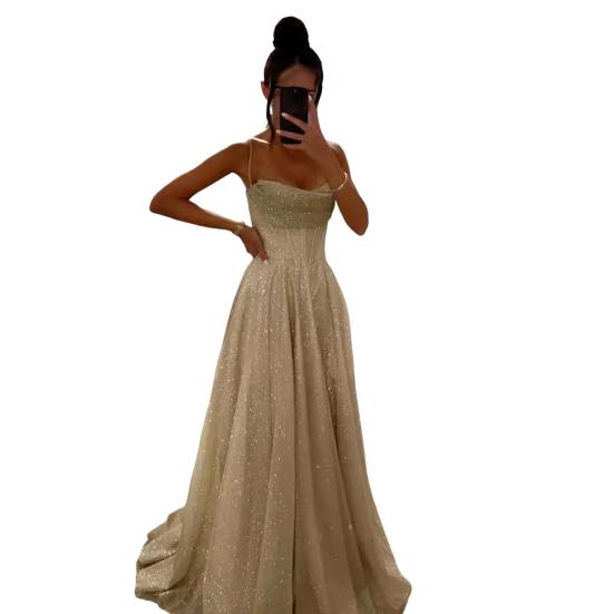 Bridal Wedding Dress Prom Party Evening Dress Backless Spaghetti Strap Sequin Sleeveless A-line Floor Length Ball Gown Pleated Low-cut Cocktail Dress