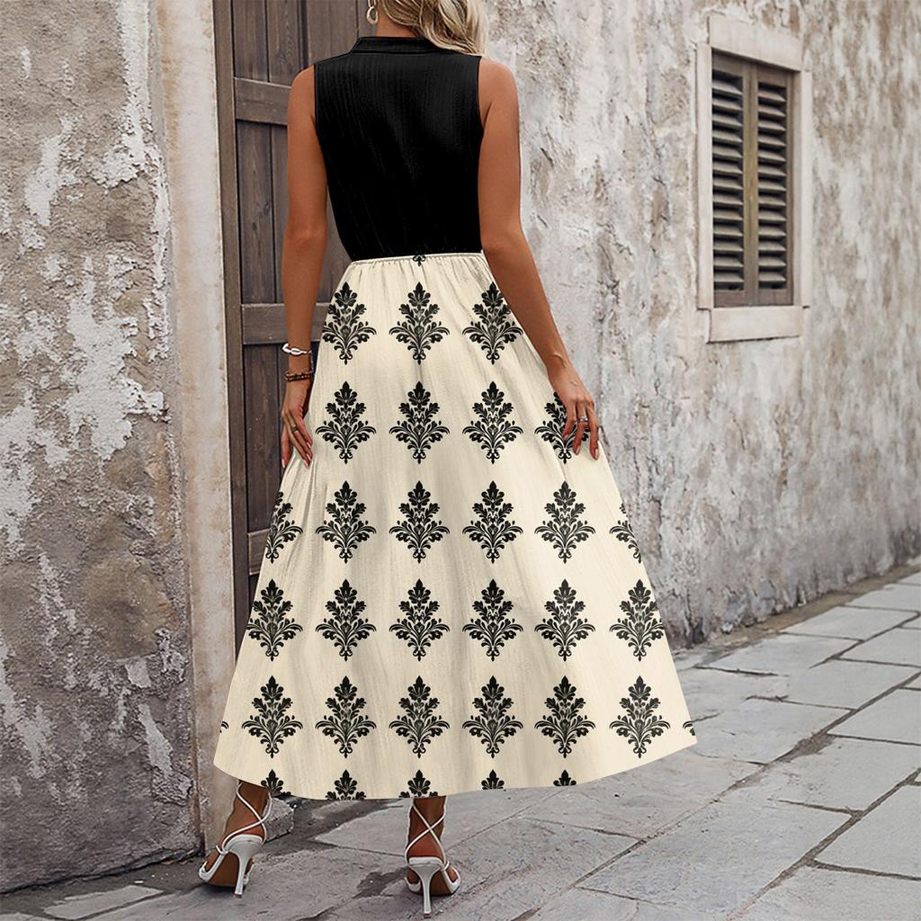 Women's Casual And Fashionable V-neck Sleeveless Printing Mid Length Dress