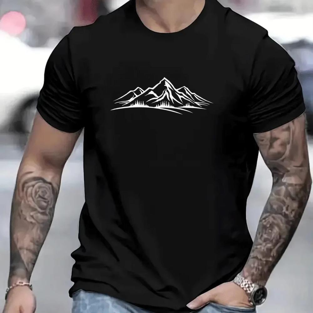 Men's Summer 100% Pure Fashionable Casual Loose Sports Mountain Pattern Print Round Neck Short Sleeved T-shirt Top Tshirt