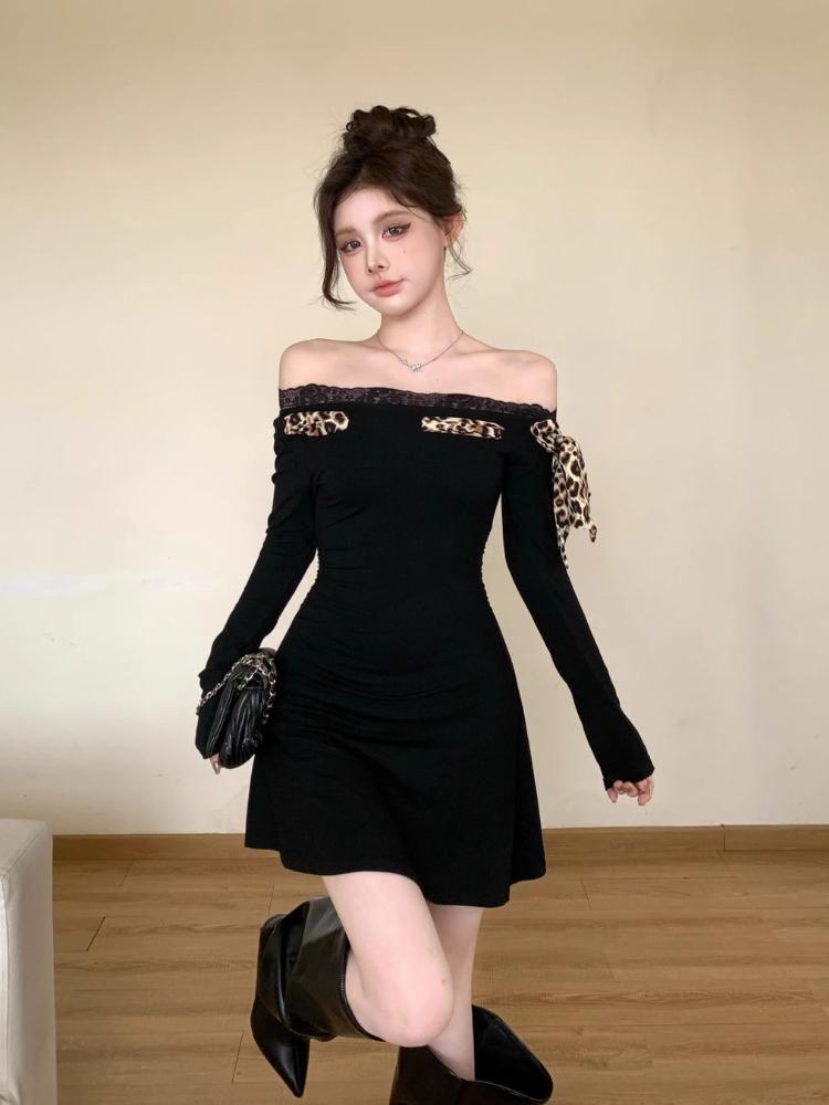 Осеннее кружевное леопардовое принтовое платье с длинным рукавом и диагональной строчкой на плечах, черное чистое платье Desire с завышенной талией, короткие платья American Spice Girl