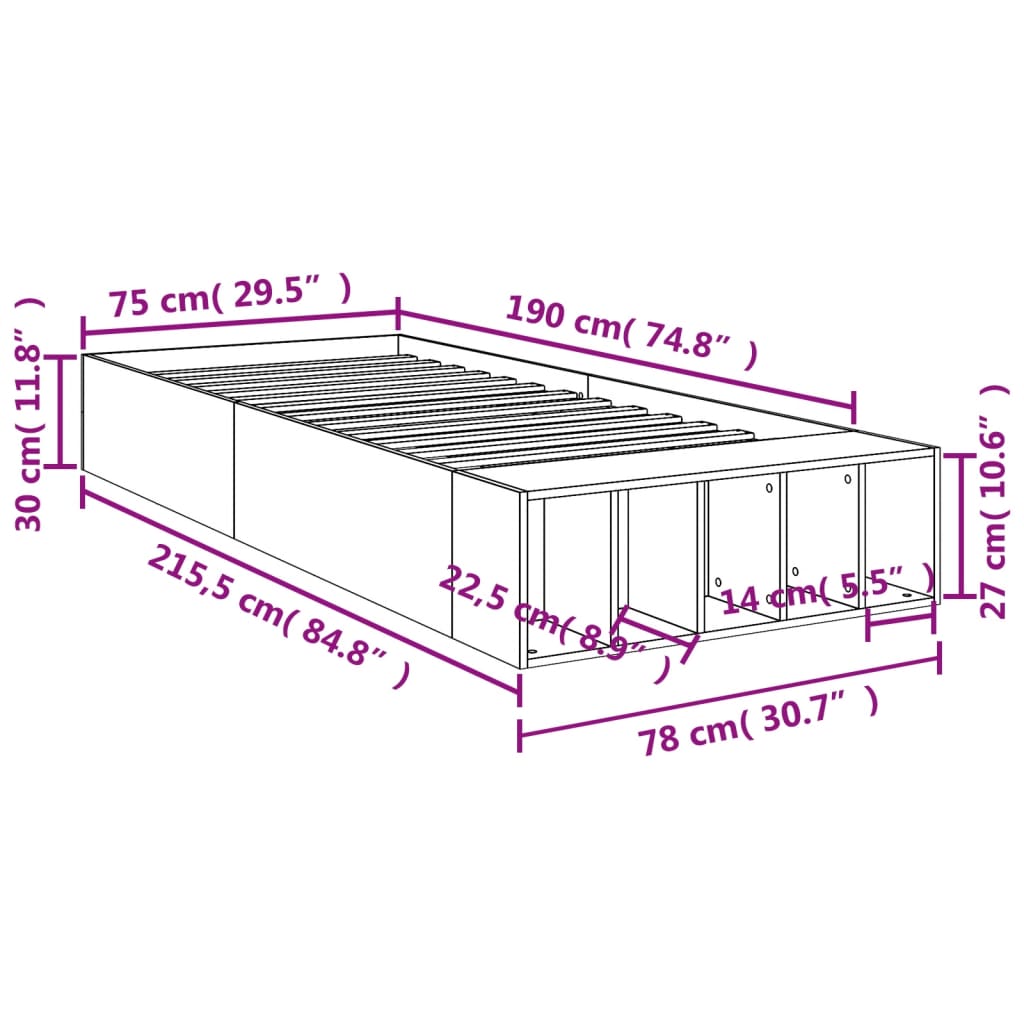 Bed Frame Gray Sonoma 75x190 cm Particleboard