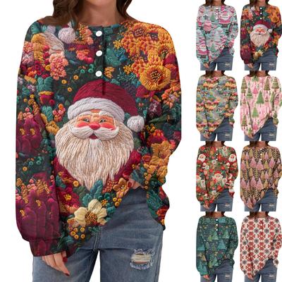 Женская повседневная мода, удобная рождественская футболка с длинным рукавом, круглым вырезом, пуговицами, свободным подолом и боковыми разрезами