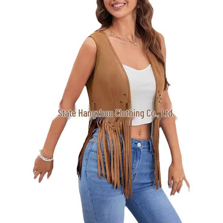 Women's 70s Bohemian Fringe Vest - Faux Suede, Sleeveless, Open Front, Western Style