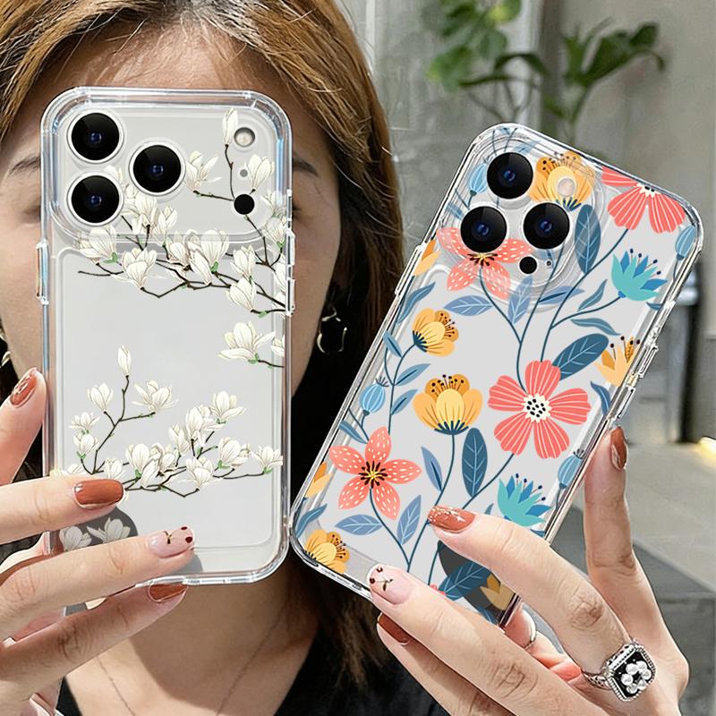 Shockproof TPU Case For iPhone 17 16 Pro 15 14 13 12 Pro Max 11 Transparent Soft Silicone Cartoon Flower Printed Phone Cover