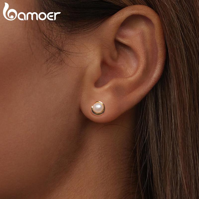 BAMOER 925 Sterling Silver Pearl Stud Earrings Freshwater Pearl For Women Grace Evening Accessories Plated Gold Fine Jewelry
