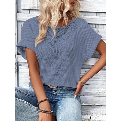 Весна Лето Кружева Сращивание Однотонные Свободные Повседневные Короткие Рукава Женская Одежда Футболки Женские