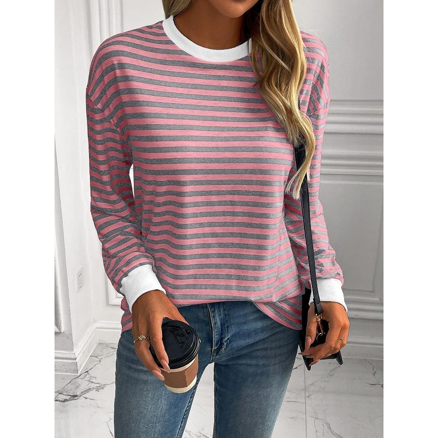Striped T-Shirts Women’s Loose Long Sleeve Pullover Round Neck T-shirt Top